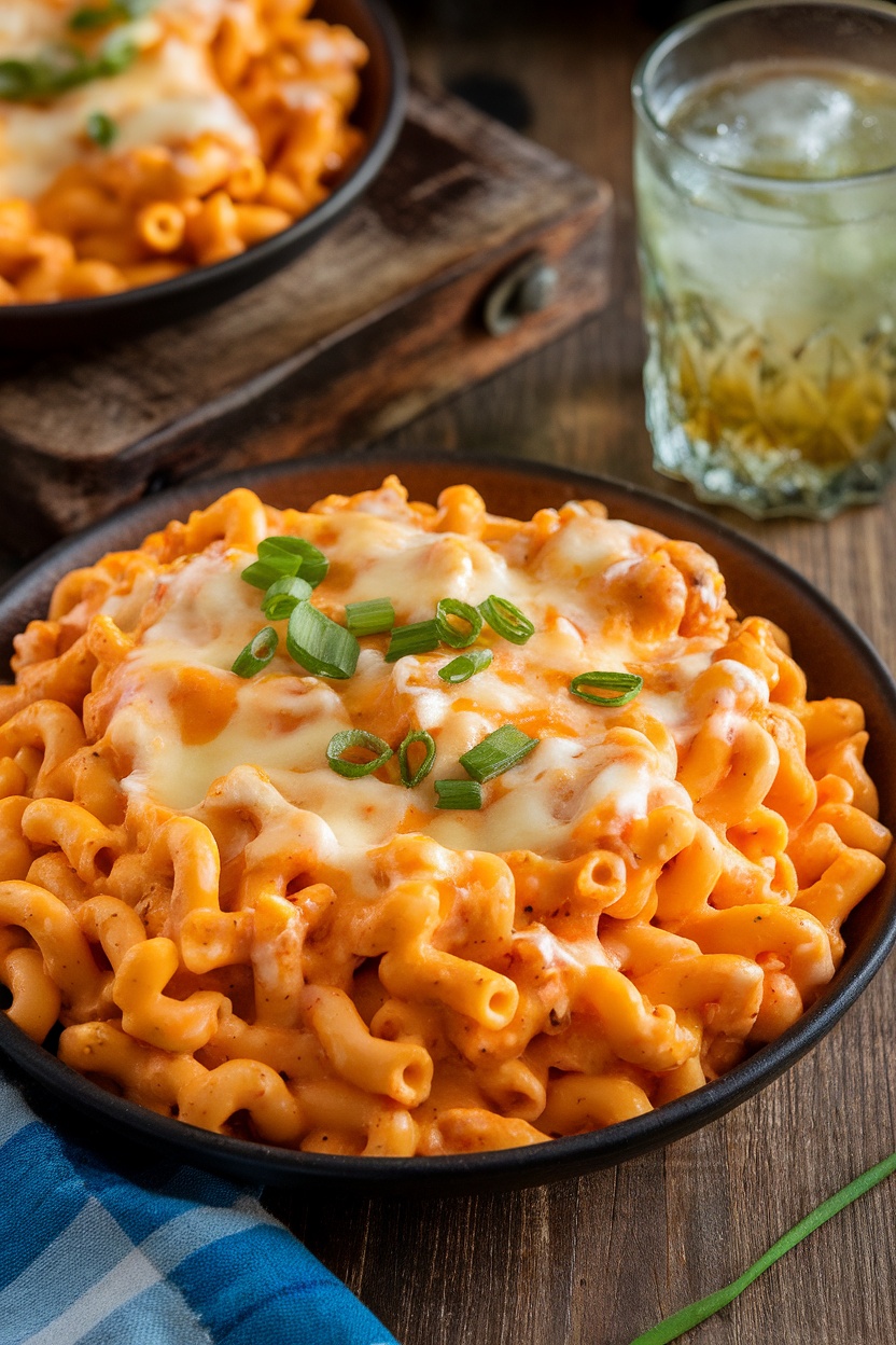 A bowl of Spicy Buffalo Chicken Mac and Cheese with melted cheese and green onions on a wooden table.